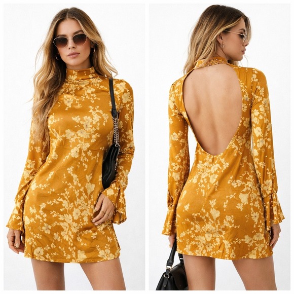 Free People Tops - Free People Womens Aries Floral Mini Dress Size S Mustard Open Back Festival